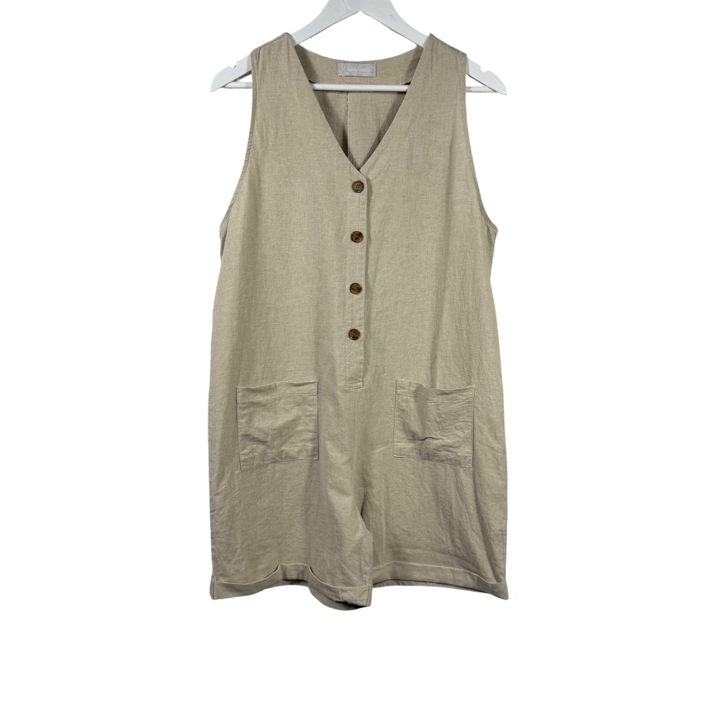 NANING9 Beige Linen Blend Sleeveless Romper Women's Oversized Pockets Korea